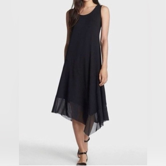 Eileen Fisher Asymmetrical Mesh Handkerchief Hem Sleeveless Jersey Dress - Picture 2 of 9